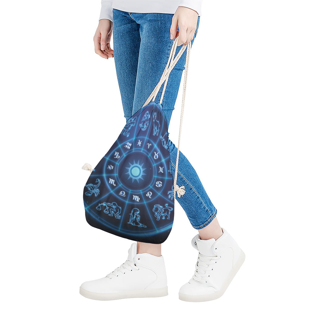 Blue Light Zodiac Circle Print Drawstring Bag