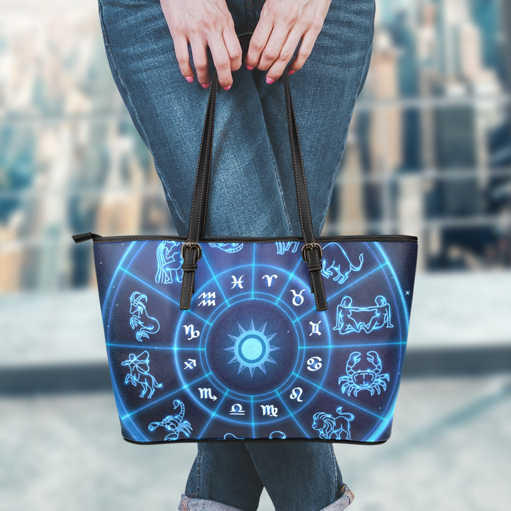 Blue Light Zodiac Circle Print Leather Tote Bag