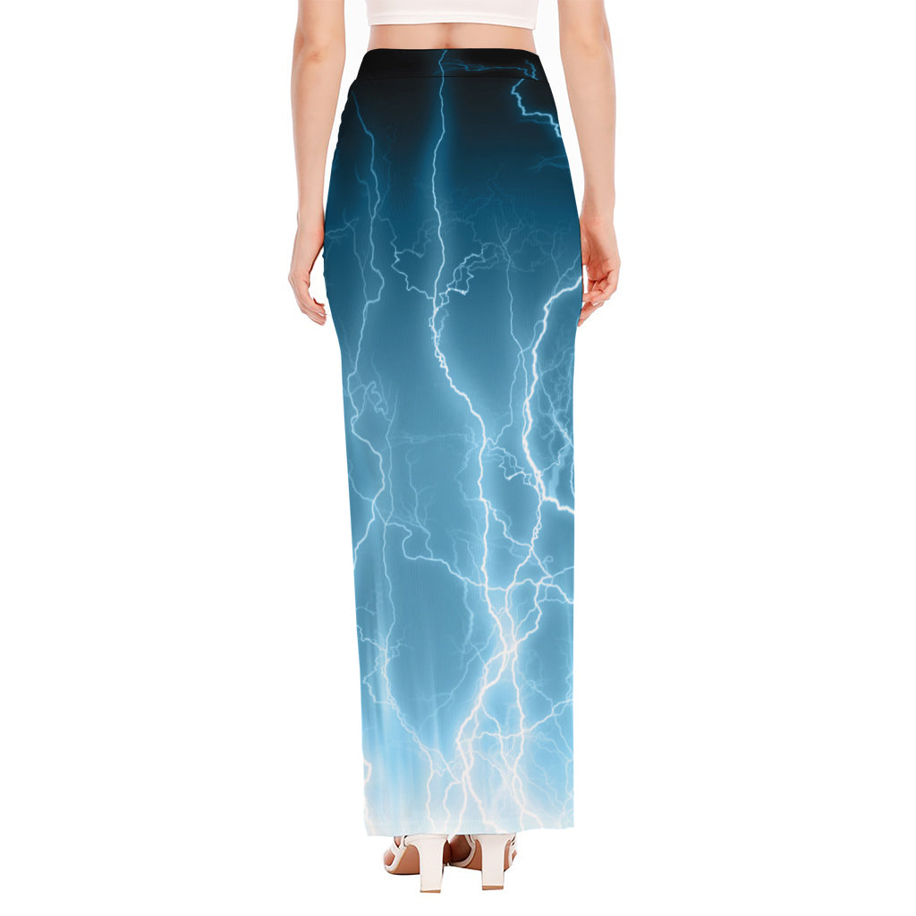 Blue Lightning Print High Slit Maxi Skirt