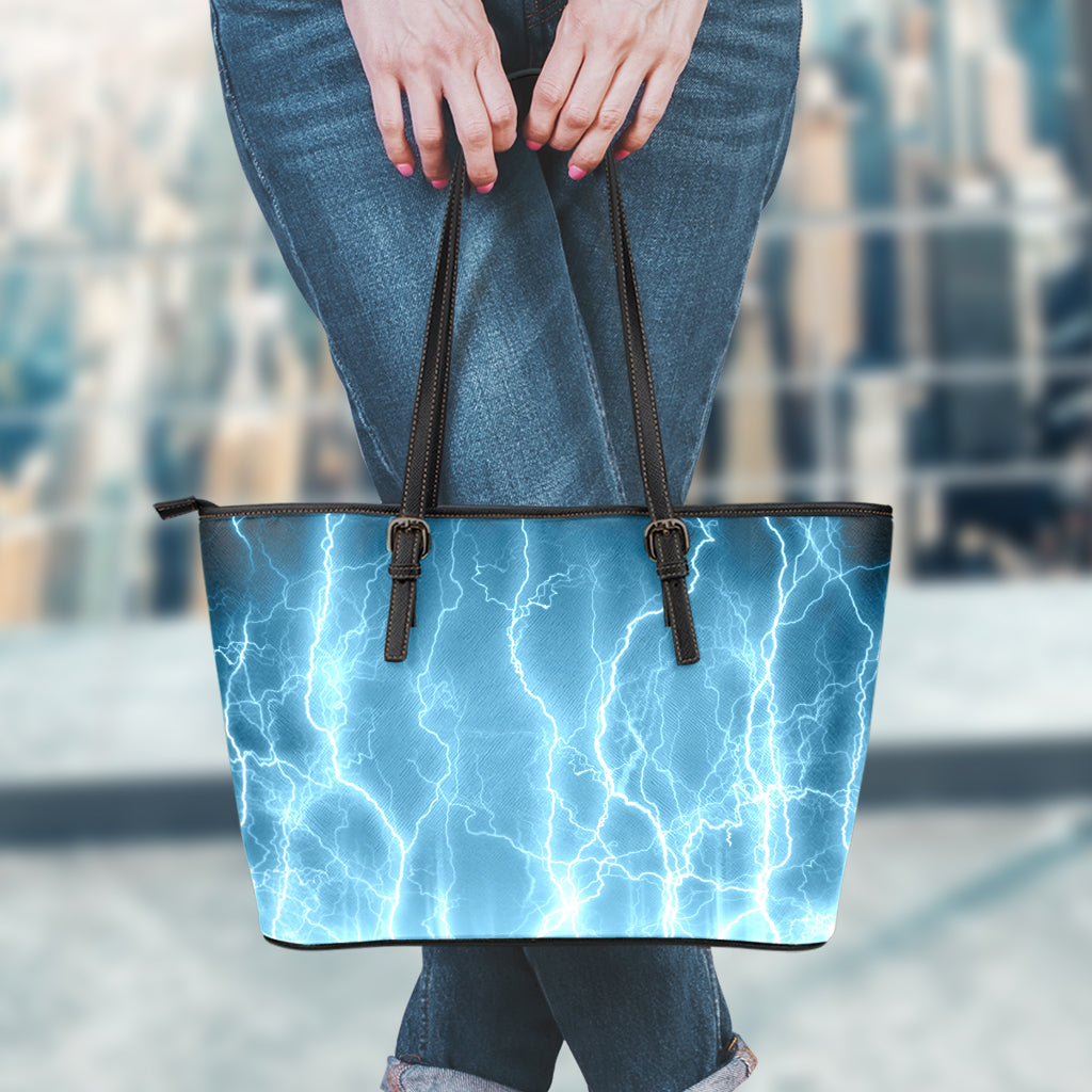 Blue Lightning Print Leather Tote Bag