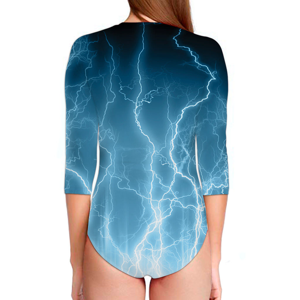 Blue Lightning Print Long Sleeve Swimsuit