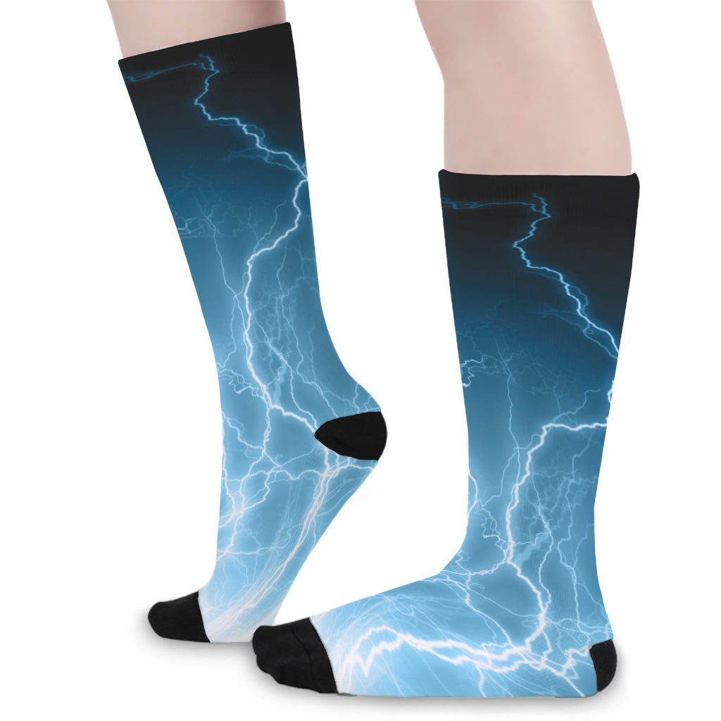 Blue Lightning Print Long Socks