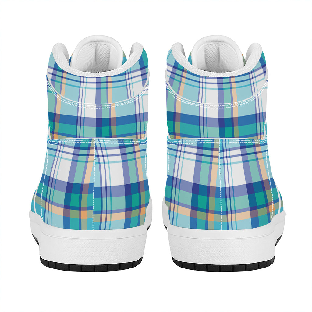 Blue Madras Pattern Print High Top Leather Sneakers