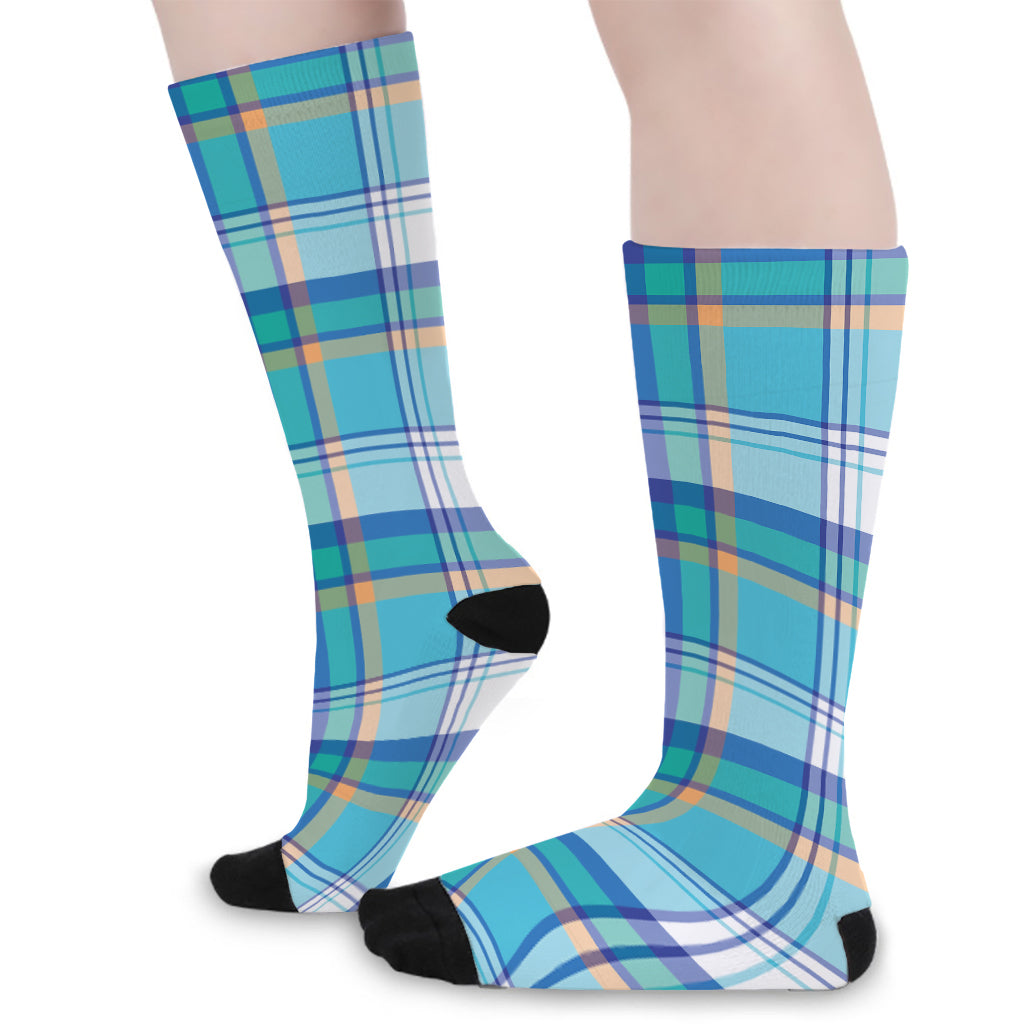 Blue Madras Pattern Print Long Socks
