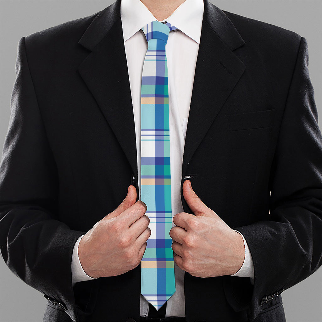 Blue Madras Pattern Print Necktie