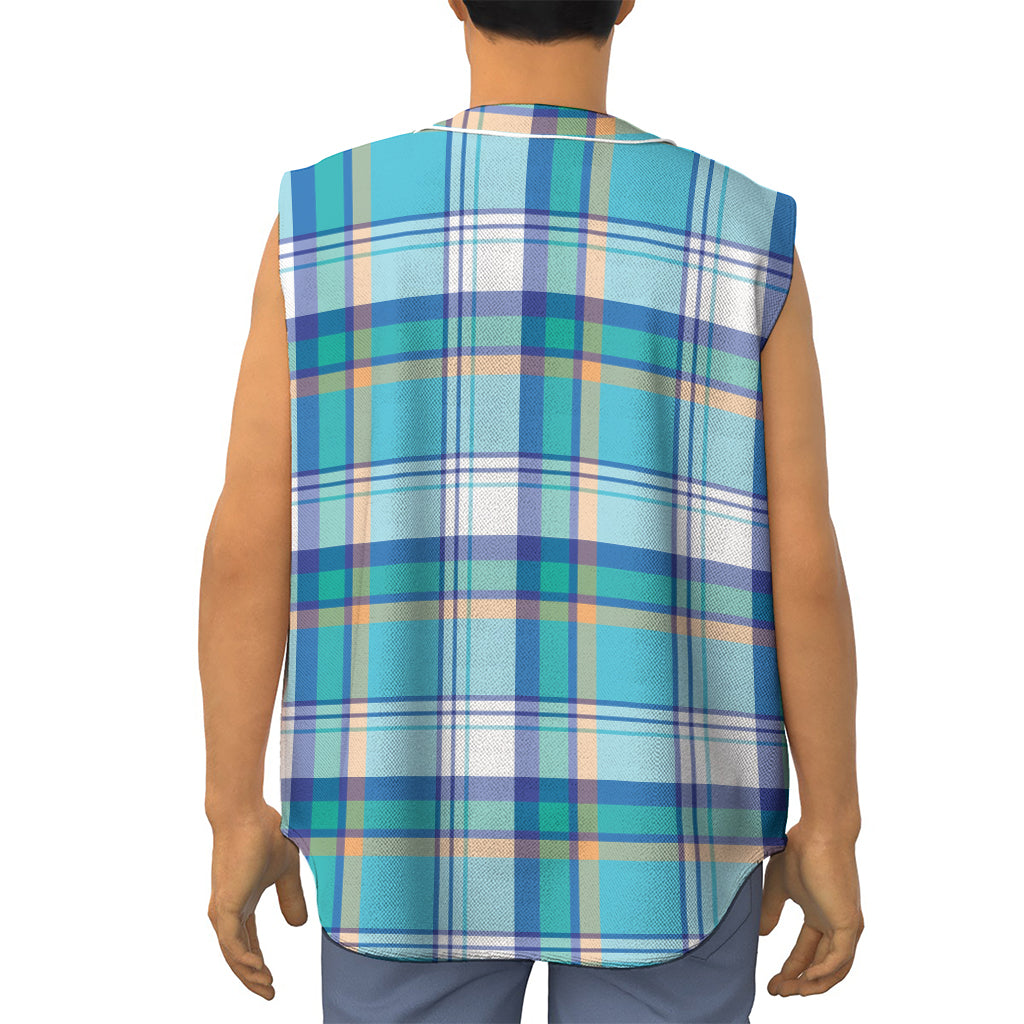Blue Madras Pattern Print Sleeveless Baseball Jersey