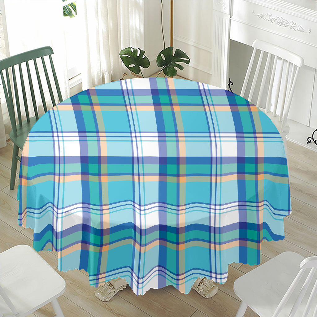 Blue Madras Pattern Print Waterproof Round Tablecloth