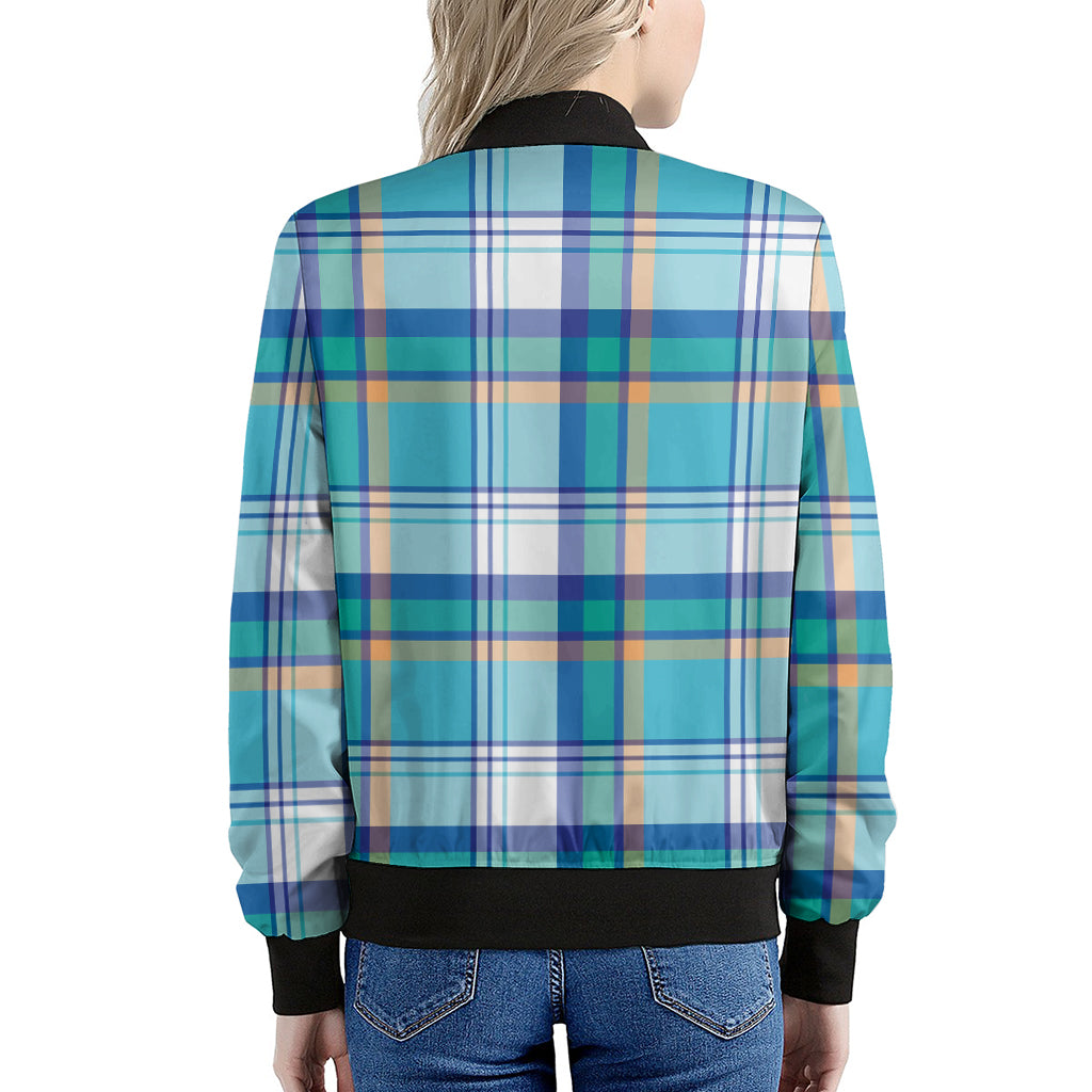 Blue Madras Pattern Print Women's Bomber Jacket