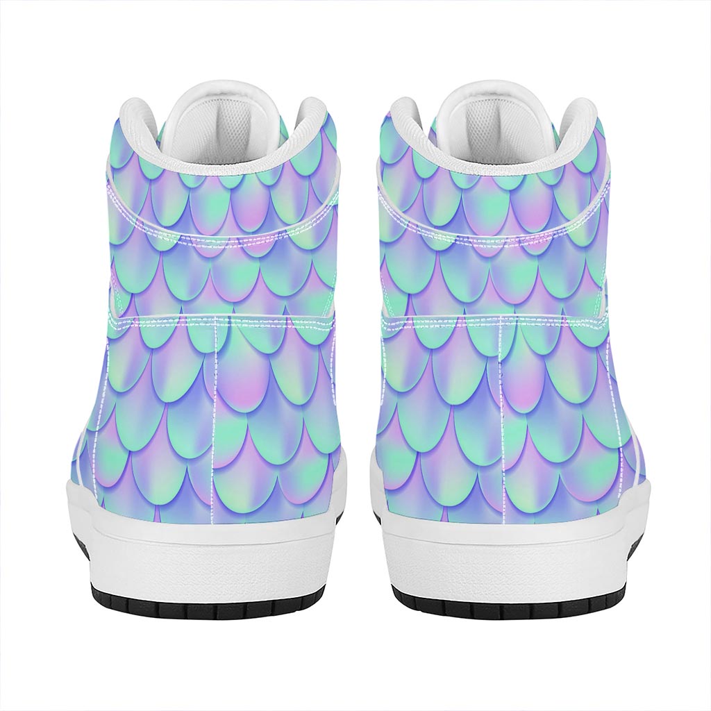 Blue Mermaid Scales Pattern Print High Top Leather Sneakers
