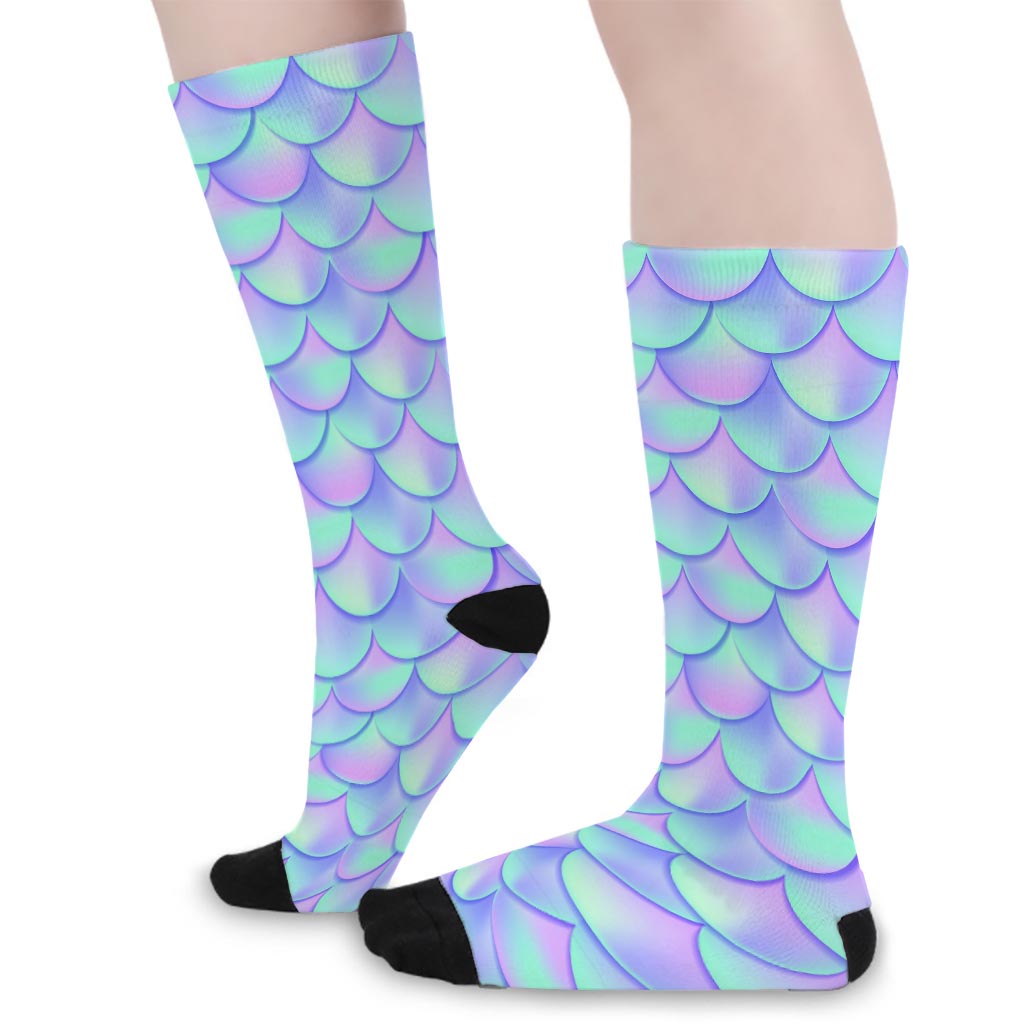 Blue Mermaid Scales Pattern Print Long Socks