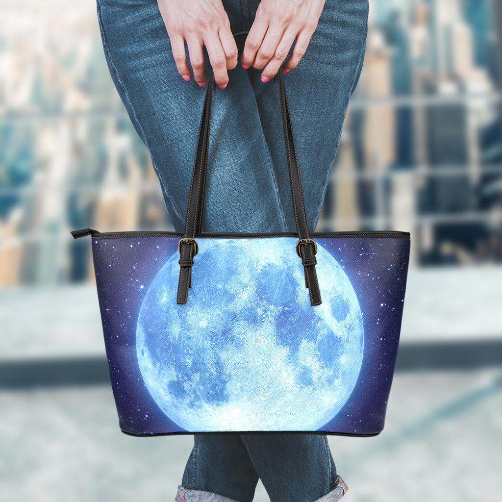 Blue Moon Print Leather Tote Bag