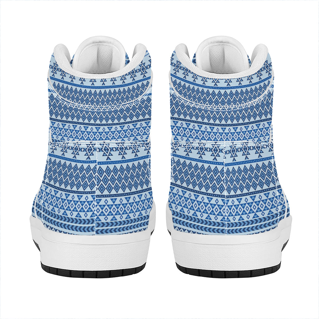Blue Native American Aztec Pattern Print High Top Leather Sneakers