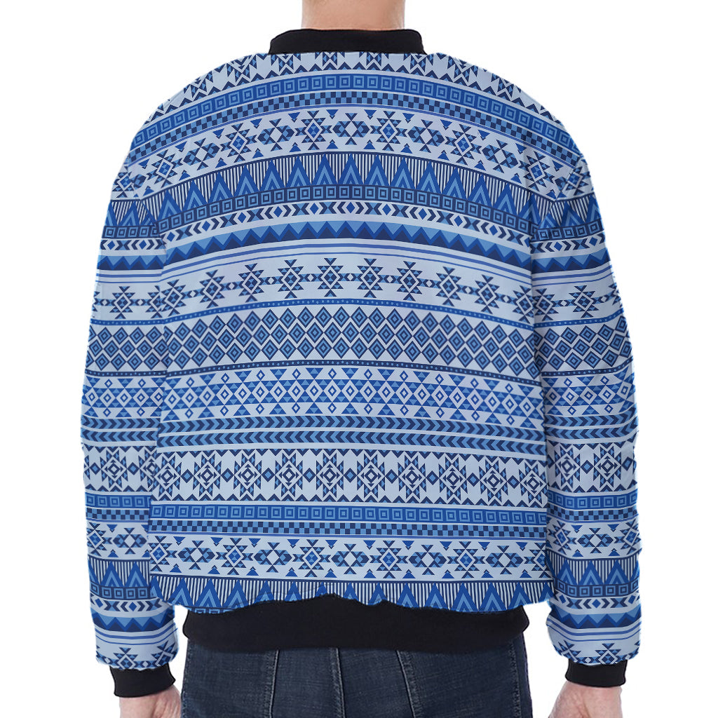 Blue Native American Aztec Pattern Print Zip Sleeve Bomber Jacket