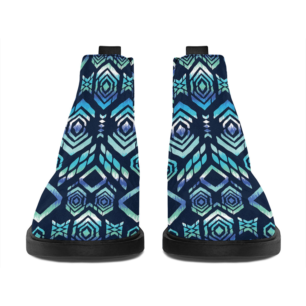 Blue Native Aztec Tribal Pattern Print Flat Ankle Boots