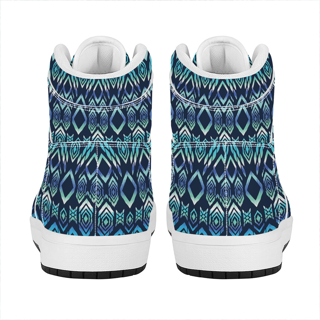 Blue Native Aztec Tribal Pattern Print High Top Leather Sneakers