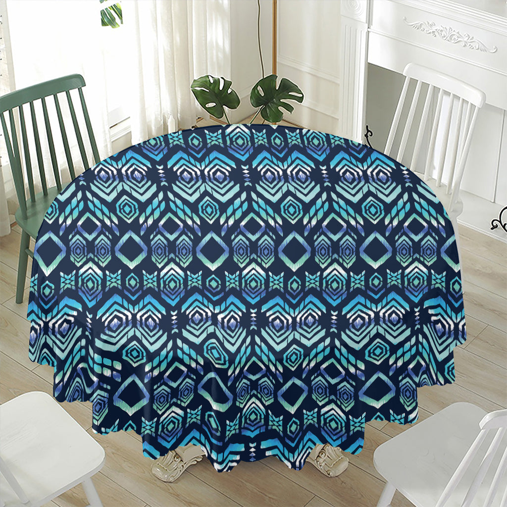 Blue Native Aztec Tribal Pattern Print Waterproof Round Tablecloth
