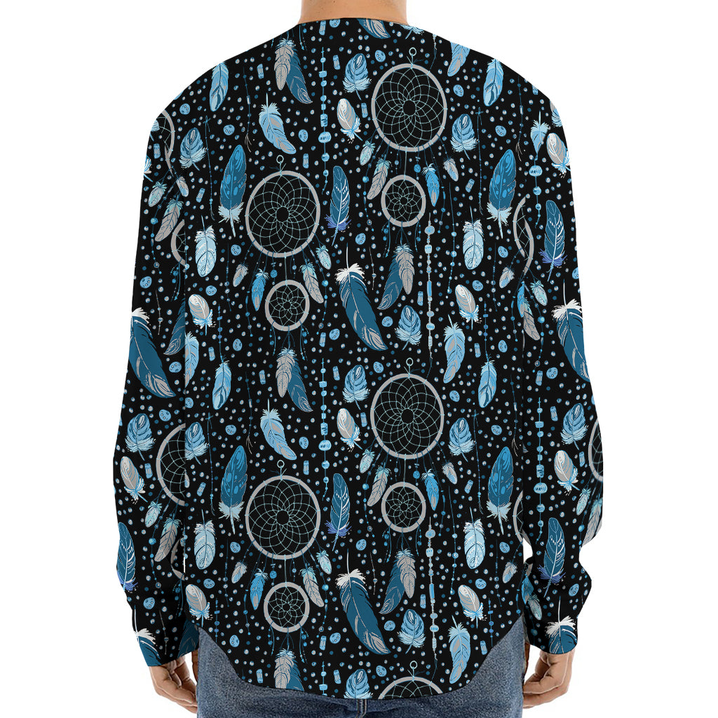 Blue Native Dream Catcher Pattern Print Long Sleeve Baseball Jersey