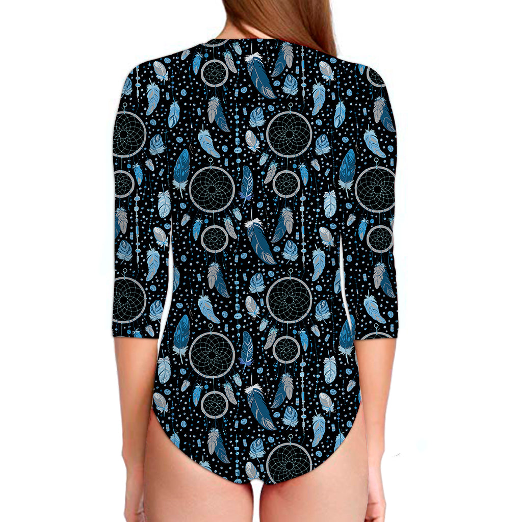 Blue Native Dream Catcher Pattern Print Long Sleeve Swimsuit