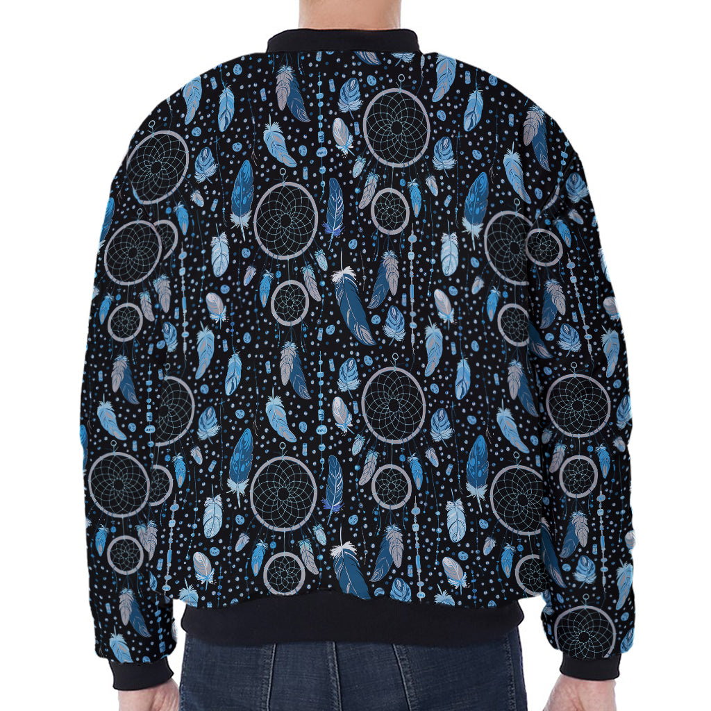 Blue Native Dream Catcher Pattern Print Zip Sleeve Bomber Jacket
