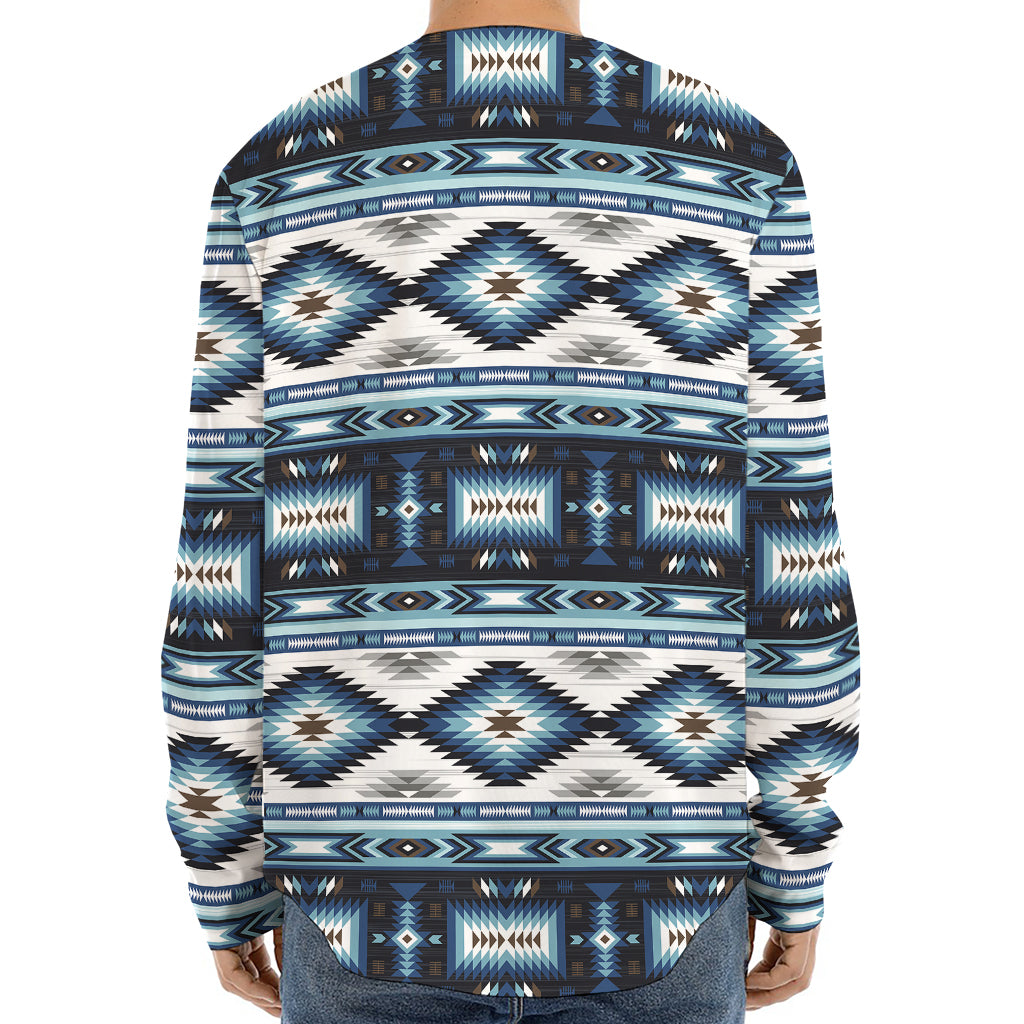 Blue Native Navajo Print Long Sleeve Baseball Jersey