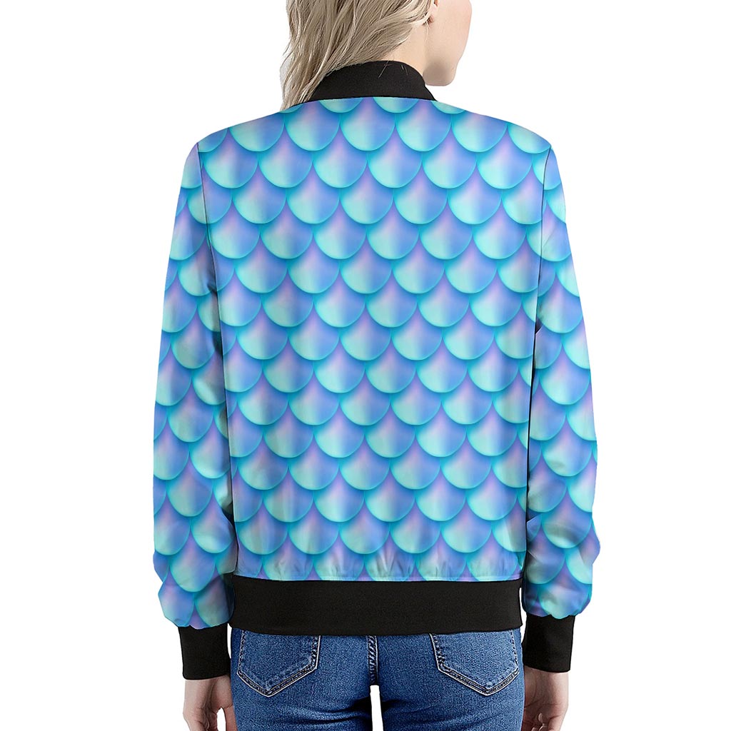Blue Neon Mermaid Scales Pattern Print Women's Bomber Jacket