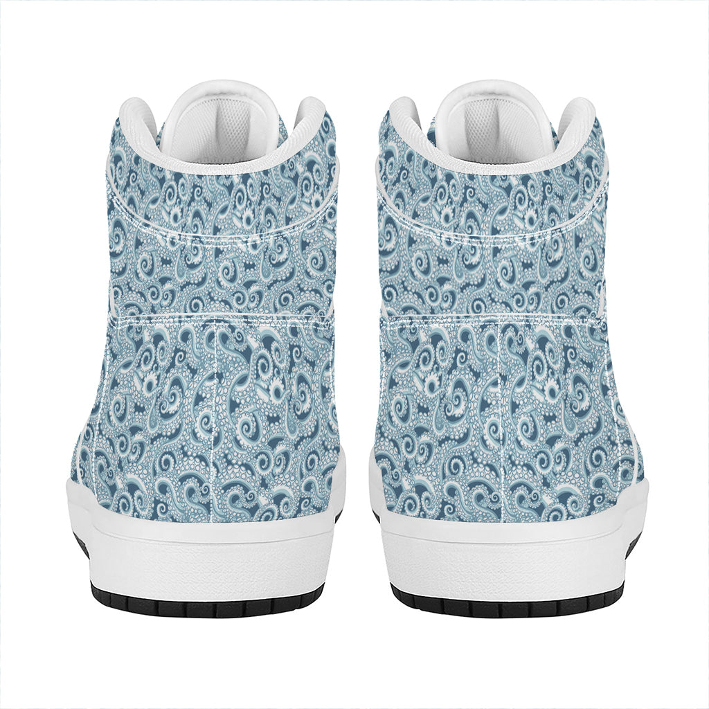 Blue Octopus Tentacles Pattern Print High Top Leather Sneakers