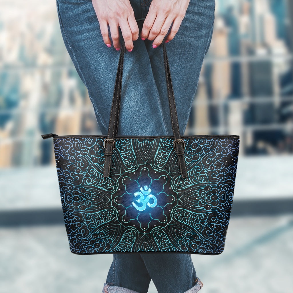 Blue Om Mandala Print Leather Tote Bag