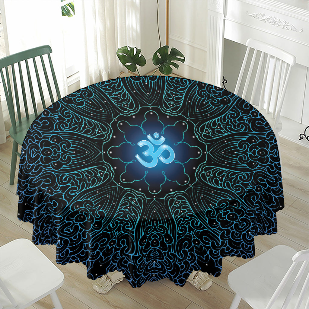 Blue Om Mandala Print Waterproof Round Tablecloth