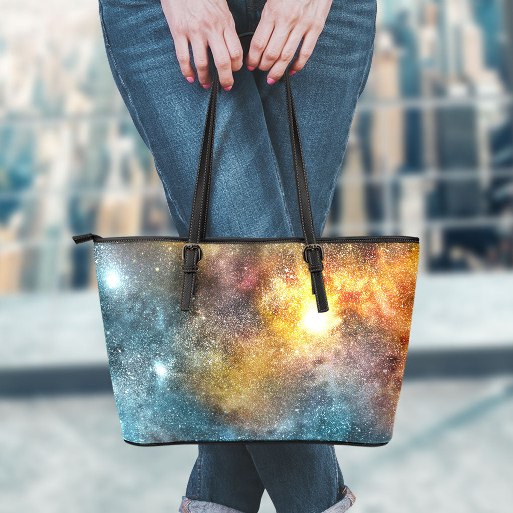 Blue Orange Stardust Galaxy Space Print Leather Tote Bag