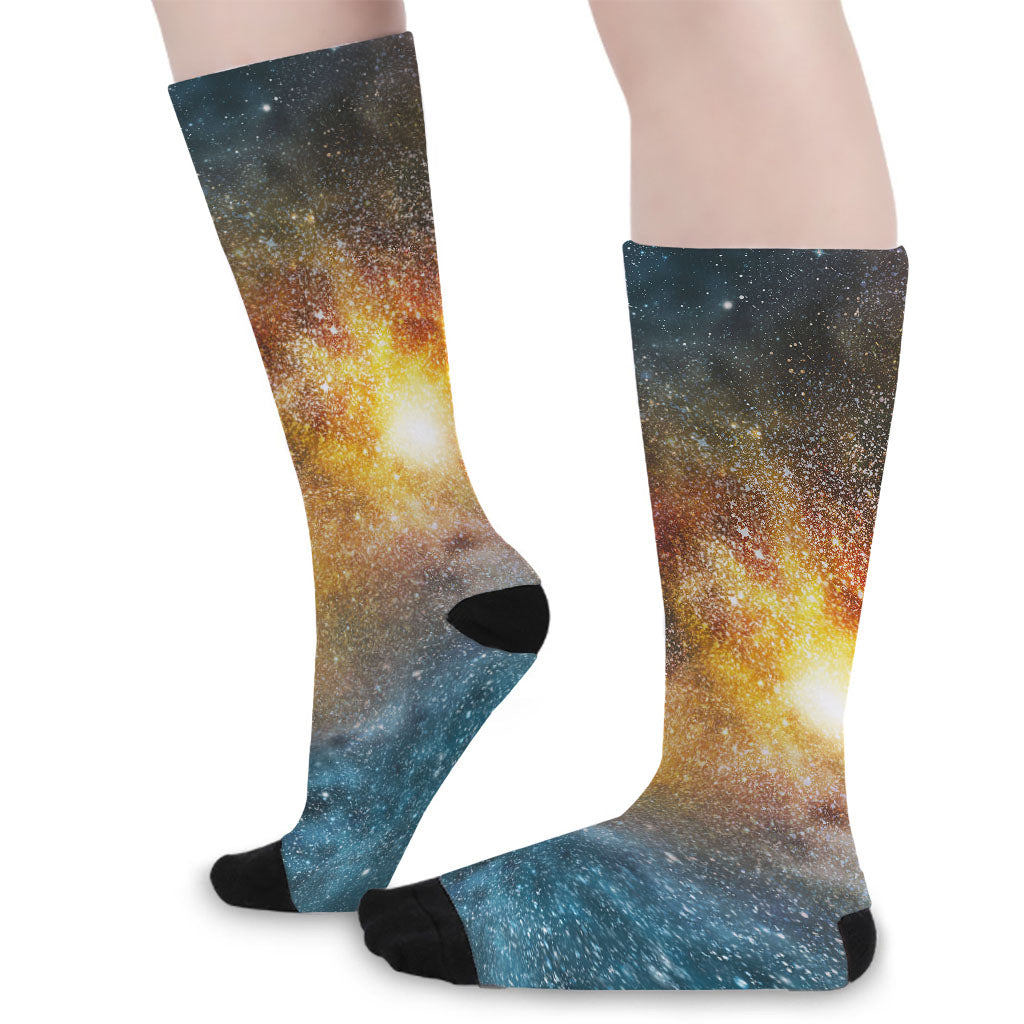 Blue Orange Stardust Galaxy Space Print Long Socks
