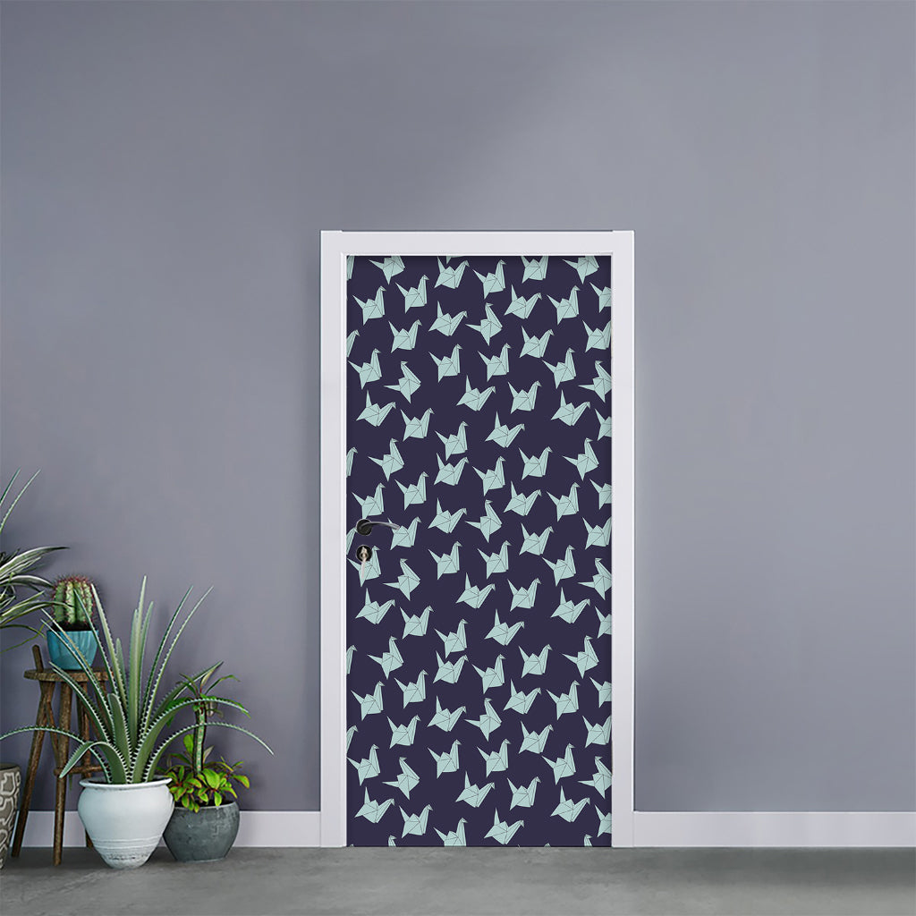 Blue Origami Crane Pattern Print Door Sticker