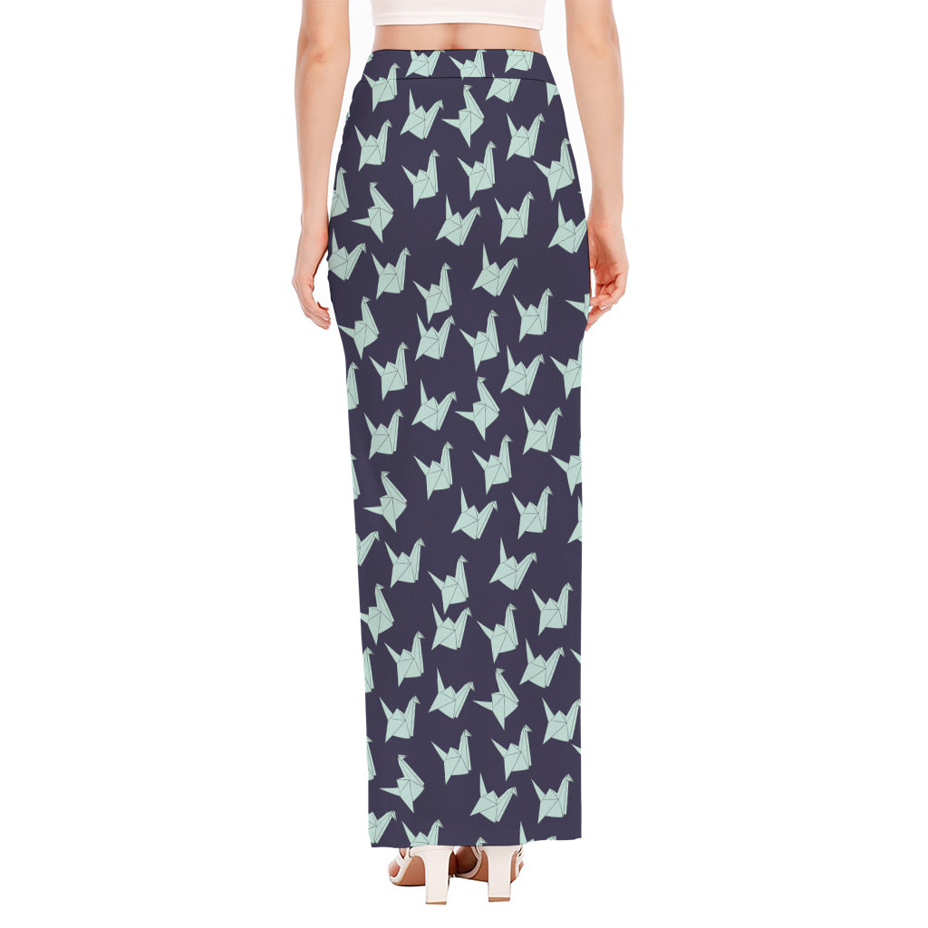 Blue Origami Crane Pattern Print High Slit Maxi Skirt
