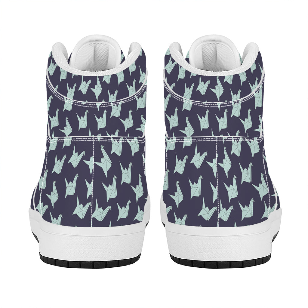 Blue Origami Crane Pattern Print High Top Leather Sneakers