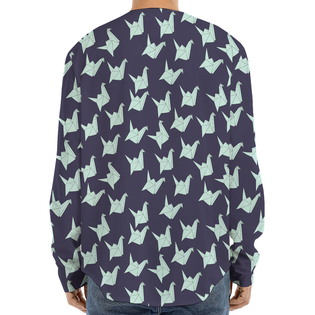 Blue Origami Crane Pattern Print Long Sleeve Baseball Jersey