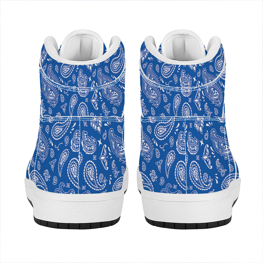 Blue Paisley Bandana Pattern Print High Top Leather Sneakers