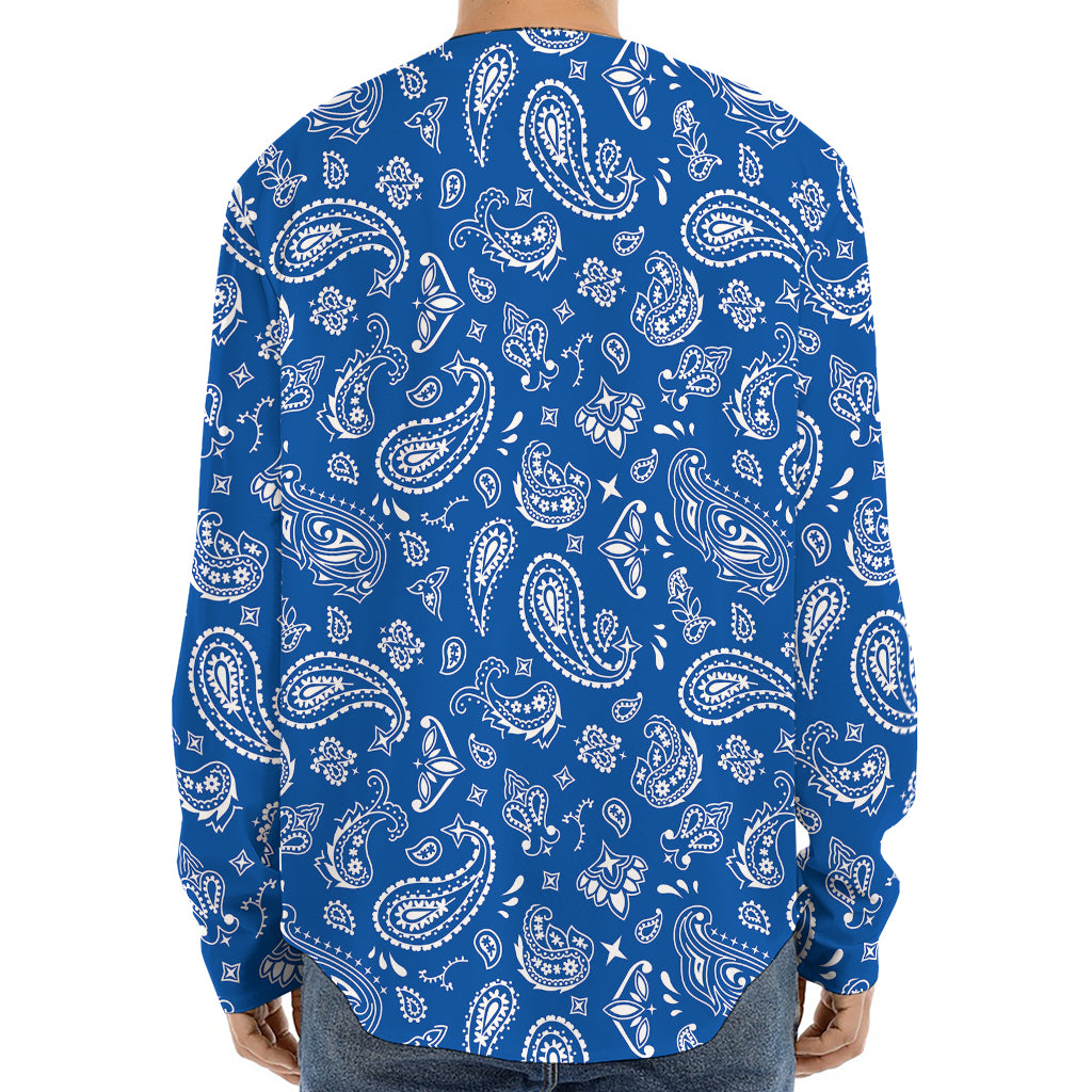 Blue Paisley Bandana Pattern Print Long Sleeve Baseball Jersey