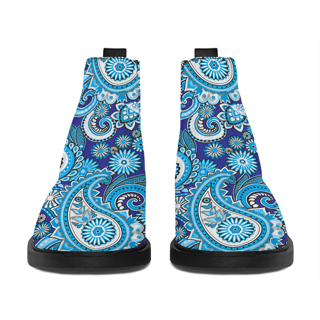 Blue Paisley Pattern Print Flat Ankle Boots