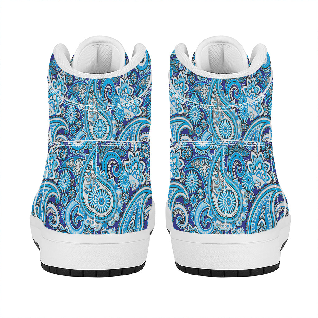 Blue Paisley Pattern Print High Top Leather Sneakers