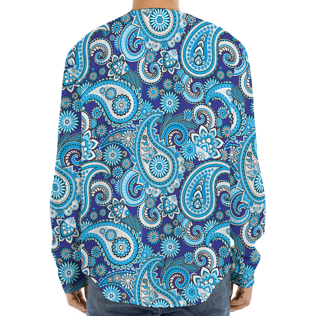 Blue Paisley Pattern Print Long Sleeve Baseball Jersey