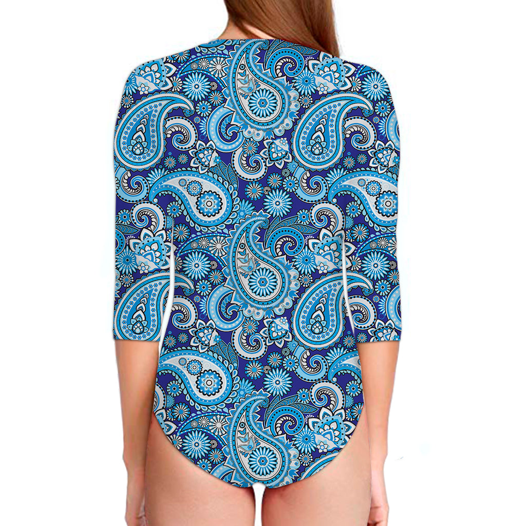 Blue Paisley Pattern Print Long Sleeve Swimsuit