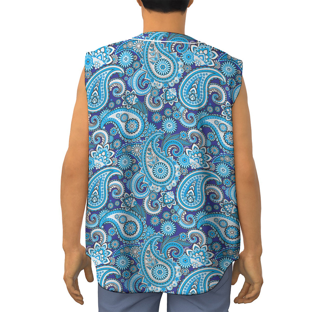 Blue Paisley Pattern Print Sleeveless Baseball Jersey