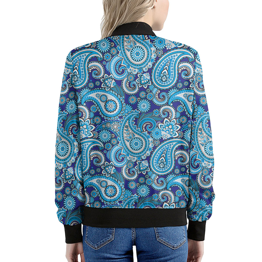 Blue Paisley Pattern Print Women's Bomber Jacket