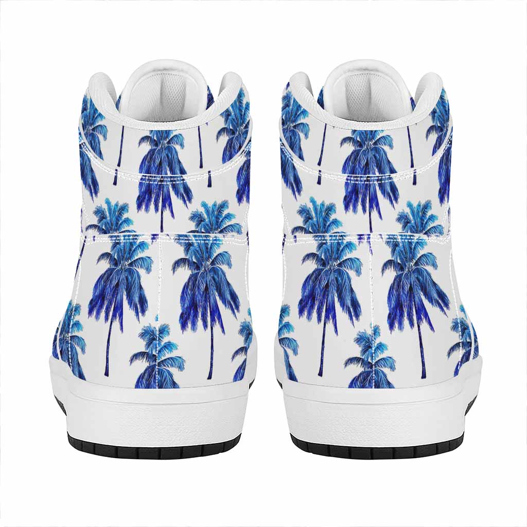 Blue Palm Tree Pattern Print High Top Leather Sneakers