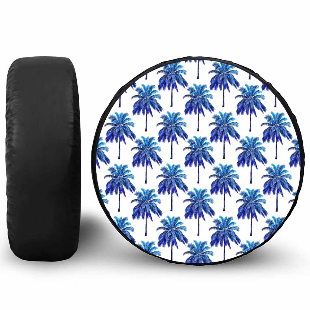 Blue Palm Tree Pattern Print Leather Spare Tire Cover