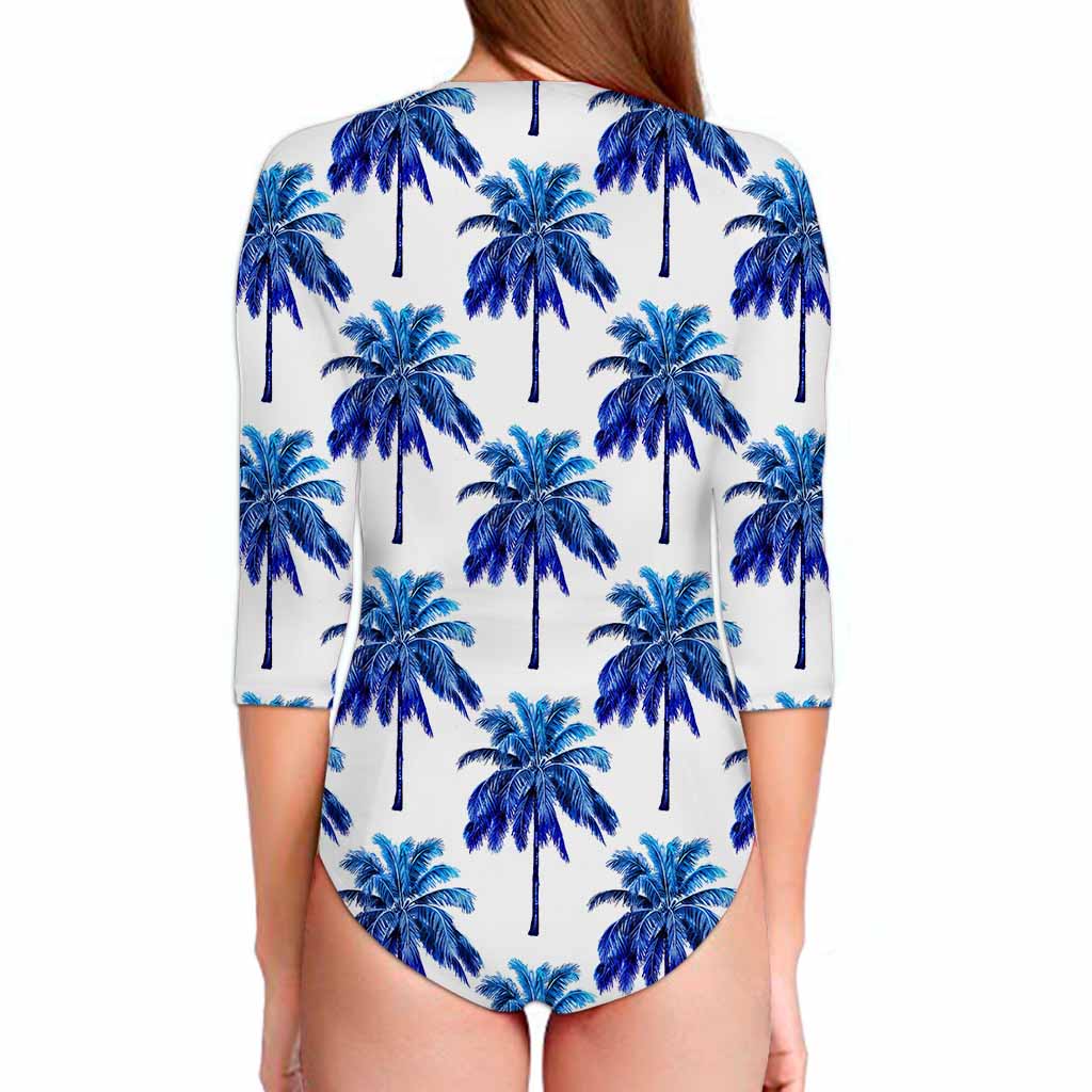 Blue Palm Tree Pattern Print Long Sleeve Swimsuit