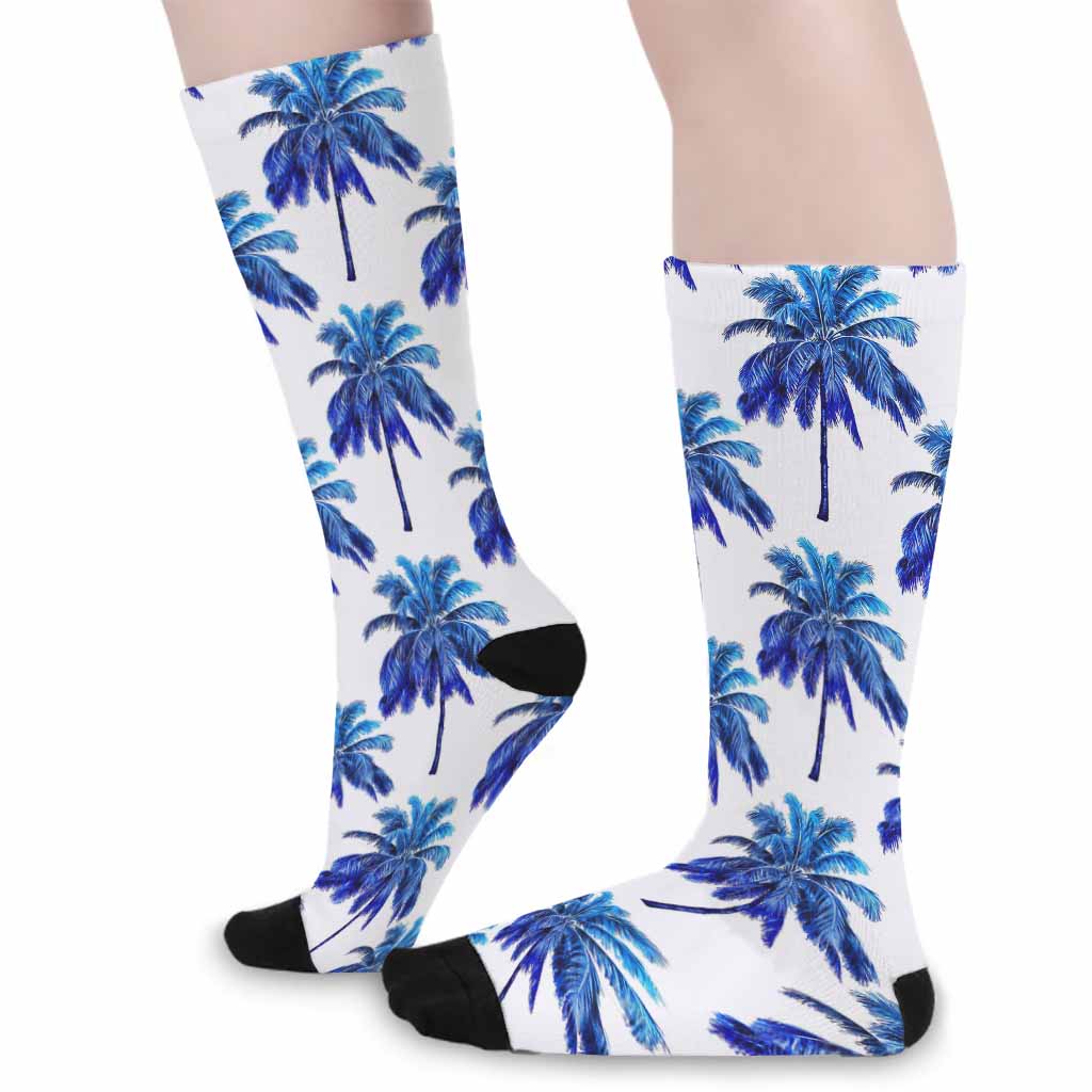 Blue Palm Tree Pattern Print Long Socks