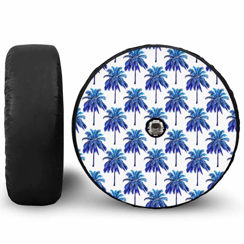 Blue Palm Tree Pattern Print Tire Cover With Camera Hole