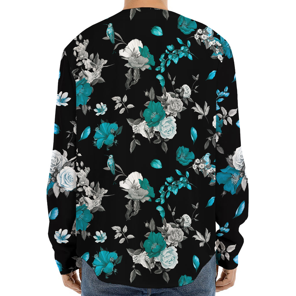Blue Peony And Grey Rose Floral Print Long Sleeve Baseball Jersey