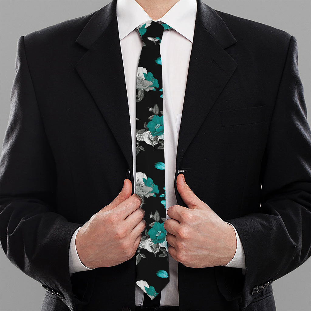 Blue Peony And Grey Rose Floral Print Necktie