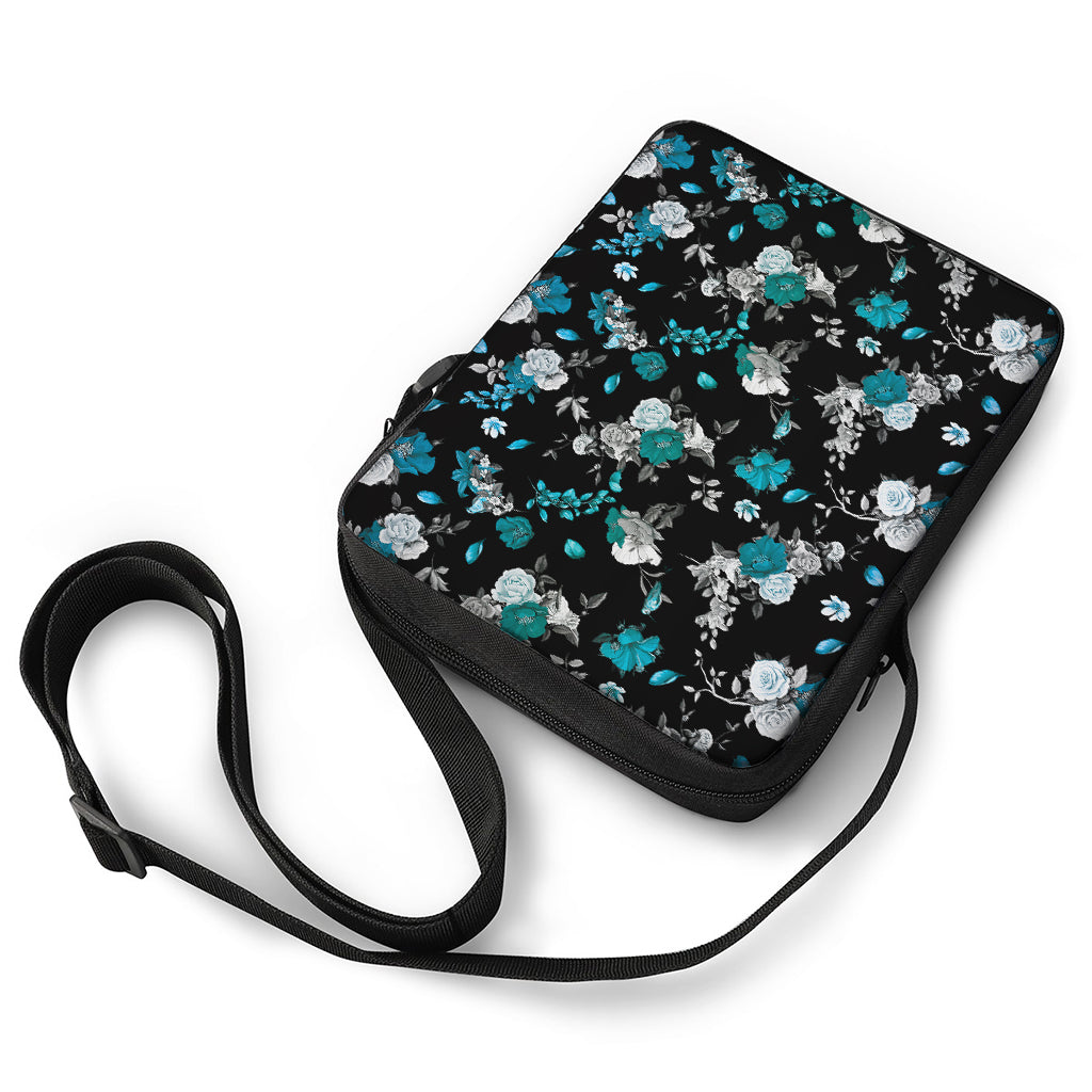 Blue Peony And Grey Rose Floral Print Rectangular Crossbody Bag
